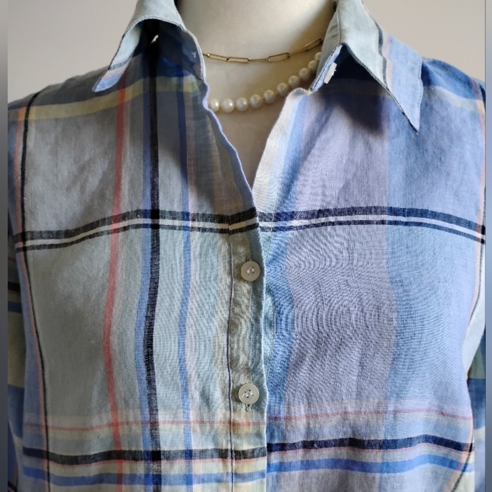 Liz Claiborne Linen Blue Plaid Button Up Shirt 3/4 Sleeves Coastal Size Medium - Picture 3 of 14
